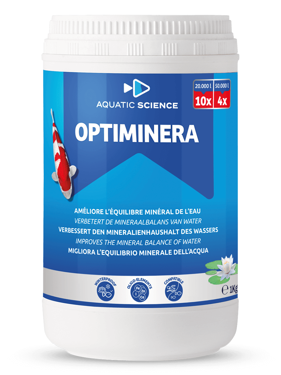 Produit de traitement de l'eau – Optiminera pour bassins, améliore la qualité de l'eau et la santé des poissons.